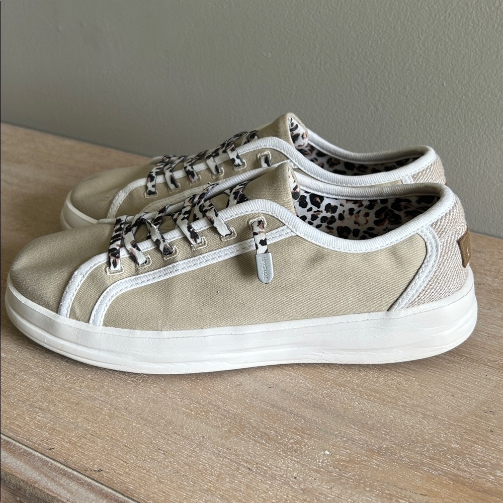 Hey Dude Beige Canvas Sneakers with Leopard Accents
